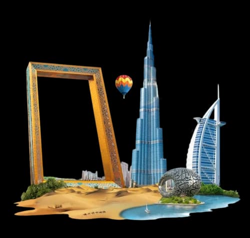 Dubai landmarks — Dubai Frame, Burj Khalifa, Burj Al Arab and Museum of the Future